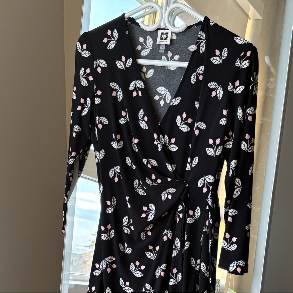 Anne Klein Black and Pink Floral Long Sleeve Wrap Dress